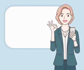 smile business woman wearing a suit using a smartphone on paper cut background. hand drawn with thin lines style.