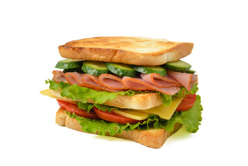 Homemade sandwich with ham, cheese, tomato and cucumber. Sandwich isolated on white background.