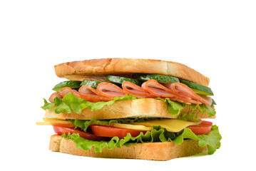 Homemade sandwich with ham, cheese, tomato and cucumber. Sandwich isolated on white background.