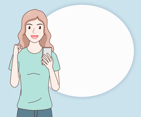 smile woman wearing a t-shirt using a smartphone on paper cut background.hand drawn with thin lines style.