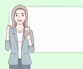 smile business woman wearing a suit using a smartphone on paper cut background. hand drawn with thin lines style.