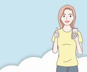 smile woman wearing a t-shirt using a smartphone on paper cut background.hand drawn with thin lines style.