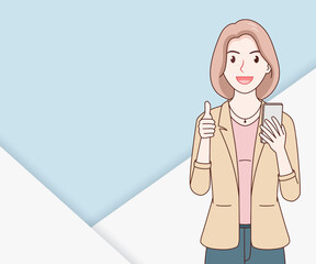 smile business woman wearing a suit using a smartphone on paper cut background. hand drawn with thin lines style.