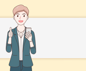 smile business woman wearing a suit using a smartphone on paper cut background. hand drawn with thin lines style.