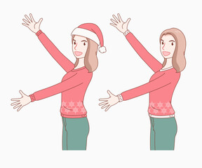 A smiling long hair woman wearing a snowflake pattern long sleeve sweater with a hat and without a hat, she spread her arms out.  girl looked excited and surprised. merry christmas and new year.