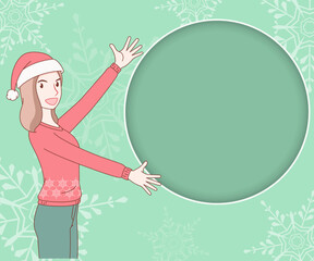 A smiling long hair woman wearing a snowflake pattern long sleeve sweater with a red hat, she spread 
her arms out to space for text on paper cut background. merry christmas and new year.