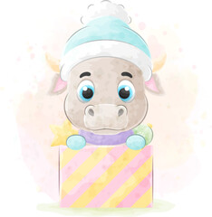 Cute little Buffalo with watercolor illustration