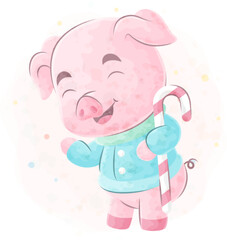 Cute little Pig with watercolor illustration