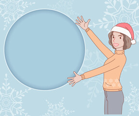 A smiling curly hair woman wearing a snowflake pattern long sleeve sweater with a red hat, she spread 
her arms out to space for text on paper cut background. merry christmas and new year.