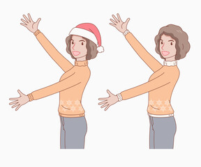 A smiling curly hair woman wearing a snowflake pattern long sleeve sweater with a hat and without a hat, she spread her arms out. girl looked excited and surprised. merry christmas and new year.