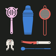 Poster with different bartender tools: strainer, knife, bar spoon, shaker etc. Hand drawn vector illustration isolated on black background. Icons set. Cocktail shaker bar equipment. Party concept