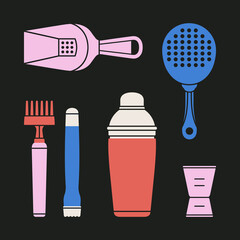 Poster with different bartender tools: julep, jigger, shaker, muddler etc. Hand drawn vector illustration isolated on black background. Icons set. Cocktail shaker bar equipment. Party concept.