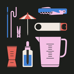 Poster with different bartender tools: jigger, corkscrew, bottle opener etc. Hand drawn vector illustration isolated on black background. Icons set. Cocktail shaker bar equipment. Party concept.