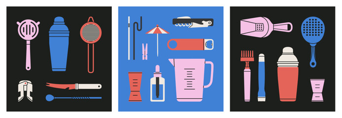 Set of posters with different bartender tools: strainer, bar spoon, shaker etc. Hand drawn vector illustrations, icons. Cocktail shaker bar equipment. Party concept.