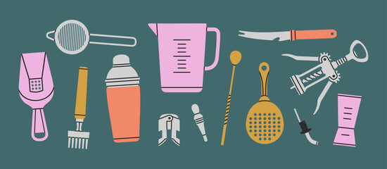 Poster with different bartender tools: strainer, julep, double jigger, shaker
etc. Hand drawn vector illustration isolated on colorful background. Cocktail shaker bar equipment. Party concept