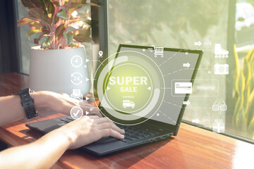 Businessman online shopping, spending money, work from home concept, ordering or selling online with modern concept of people at home.
