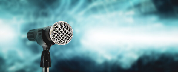 Press conference microphone with background or concept of performance speaker speech comment and...