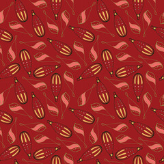 Christmas and Happy New Year seamless pattern with Christmas decoration and gifts. Trendy retro style. Vector design template.
