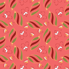 Christmas and Happy New Year seamless pattern with Christmas decoration and gifts. Trendy retro style. Vector design template.
