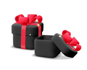3d vector two black closed and opened gift box with red ribbon bow icon design. Plastic cartoon render minimal modern present surprise holiday, celebration, anniversary, greeting festive decoration