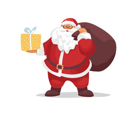 Santa Claus holding a gift and a big sack of gifts, flat cartoon vector character for design. Merry christmas and new year element.