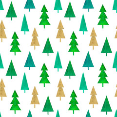 Watercolor christmas trees on white background seamless pattern. Abstract