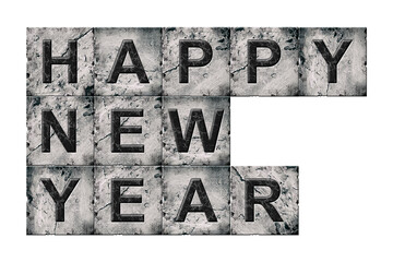 Happy New Year, word on an alphabet on stone blocks, isolated on white background. New Year of the year concept.