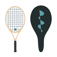 Flat vector illustration in childish style. Hand drawn tennis racket with a case