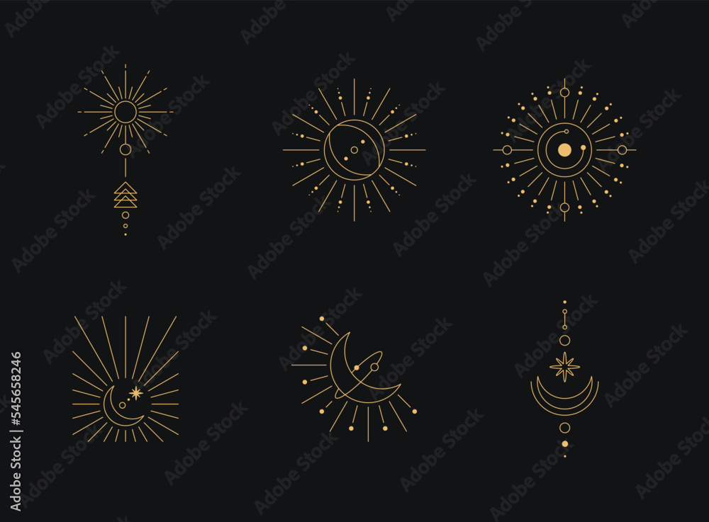 Aufkleber set of moon and sun line art. minimal boho linear symbols. celestial mystic element. vector line art