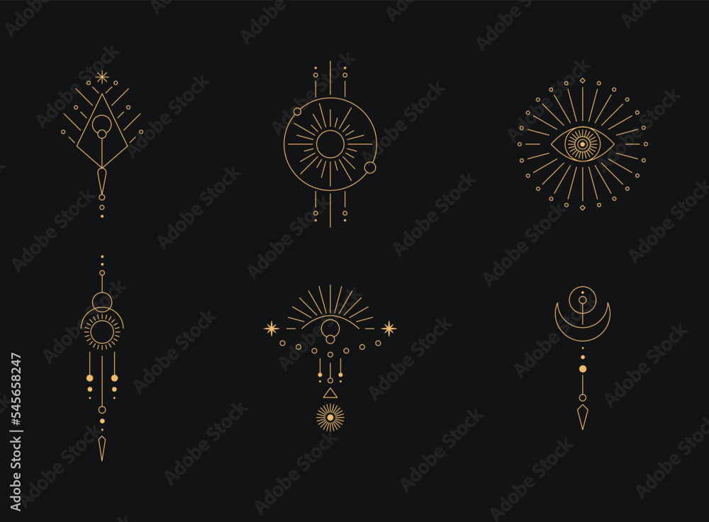 Poster set of moon and sun line art. minimal boho linear symbols. celestial mystic element. vector line art