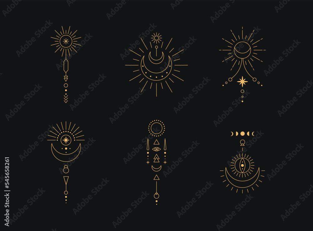 Poster set of moon and sun line art. minimal boho linear symbols. celestial mystic element. vector line art