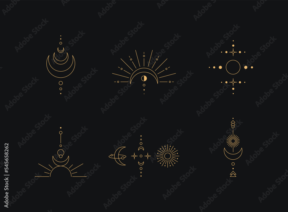 Poster set of moon and sun line art. minimal boho linear symbols. celestial mystic element. vector line art