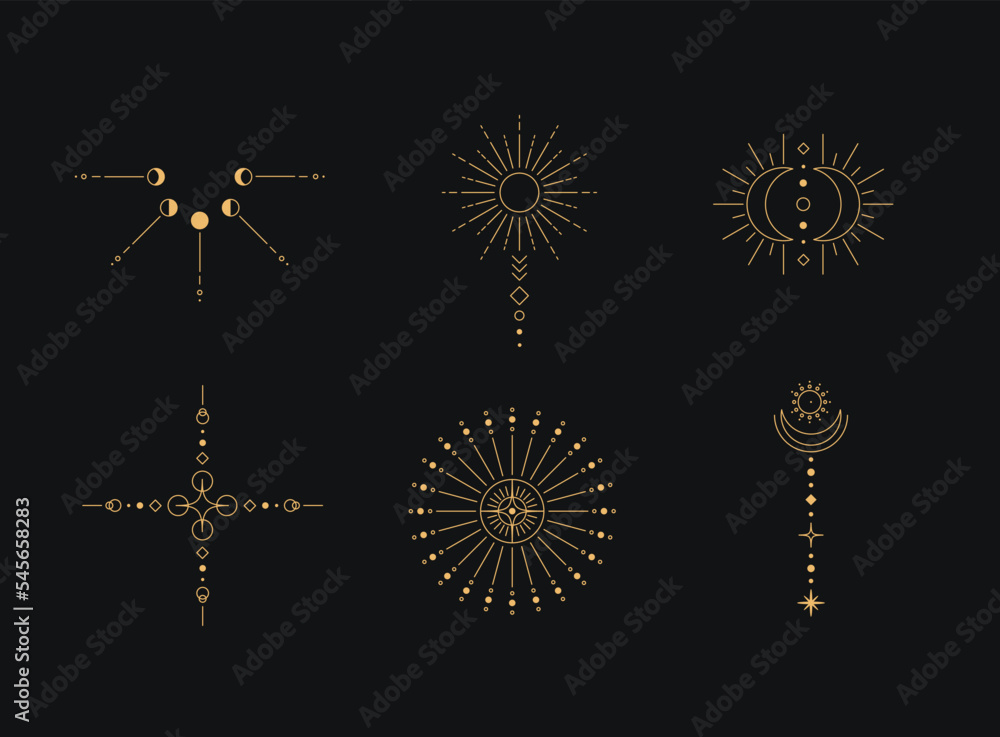 Poster set of moon and sun line art. minimal boho linear symbols. celestial mystic element. vector line art