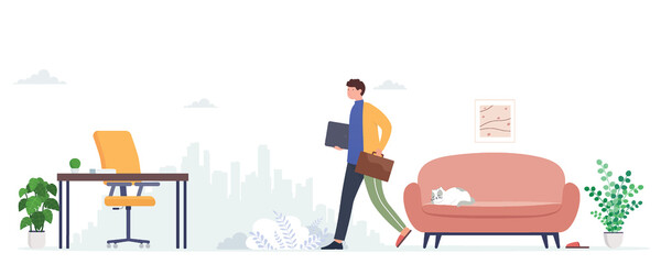 Work from home, return to office, coworking. Man freelance worker with laptop working remotely goes to work. Concept of choosing a workplace, self-employment.