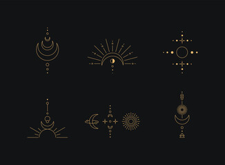 Fototapeta na wymiar Set of moon and sun line art. Minimal boho linear symbols. Celestial mystic element. Vector line art illustration.
