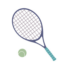Flat vector illustration in childish style. Hand drawn tennis racquet and a ball