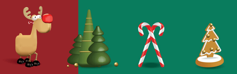 New 2023 Year is coming. Winter Season Holidays, Corporate Party Event Celebration Landing Page Template. Set of christmas 3d realistic icons. Vector illustration