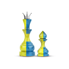 Chess Queen and pawn in the colors of the Sweden Flag. Isolated on white background. Sport. Politics. Design