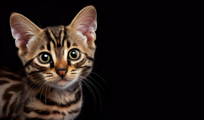 Obraz premium Cute Bengal kitten dark background. Space for text. Adorable portrait of a Bengal kitten. Cute cat. Digital art