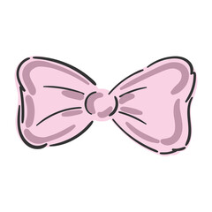 Beautiful pink bow drawn in cartoon style, dressing items, beauty, gift and birthday decorative ribbons. Vector illustration isolated on white background.