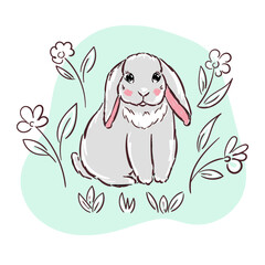 Gray Hare and flower on white background. Isolated of grey Rabbit. Cute animal. Hand Drawn design for kids book, print, cards.