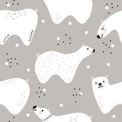 Gray pattern with white minimalistic bears in Scandinavian style. Seamless vector pattern with winter animals