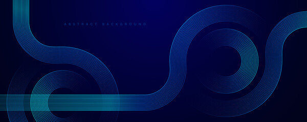 Abstract glowing circle lines on dark blue background. Geometric stripe line art design. Modern shiny blue lines. Futuristic technology concept. Suit for poster, cover, banner, brochure, website - obrazy, fototapety, plakaty