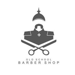 Barber shop vintage label, badge, or logo. Beauty and fashion business. German infantryman with scissors