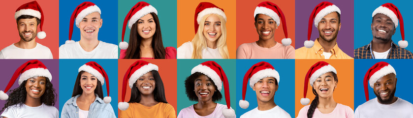 Beautiful young people wearing Santa hats, collage