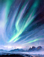 background with northern lights over landscape, aurora borealis, green, teal turquoise, winter, ice, snow, illustration, digital - obrazy, fototapety, plakaty