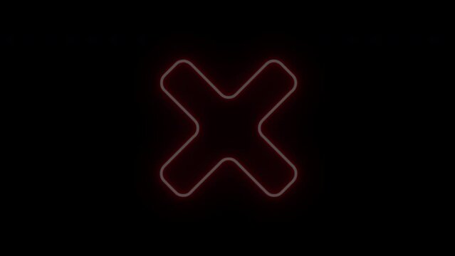 Hand Drawn Red Color Neon Light  X Sign. Animated Red Neon letter X on Black Background. Glowing neon line in a circular path around the uppercase alphabet. Glowing Led Light X Isolated design element