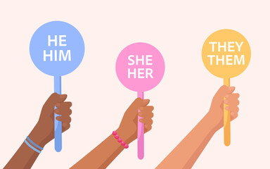Hands holding signs with gender pronouns