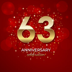 63th Anniversary. Golden number 63 with sparkling confetti and glitter for celebration events, weddings, invitations and greeting cards. Realistic 3d sign. Vector festive illustration