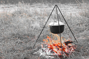 cooking delicious tasty food outdoors on fire in iron pot in summer in good weather with wood from...